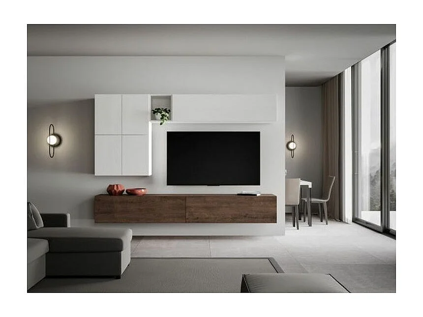 Mur TV design blanc et noyer Mila L 268cm - 8 pièces