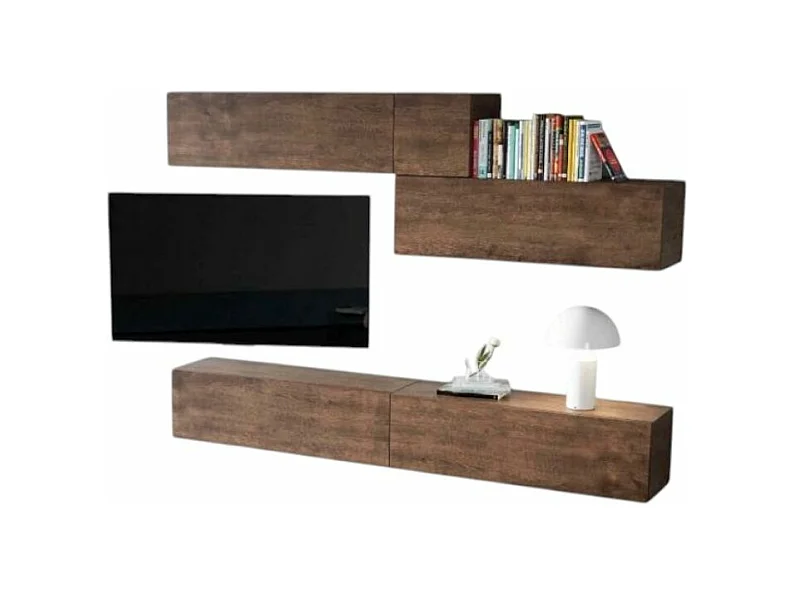 Meuble TV mural bois noyer kuza L 268cm - 5 pièces