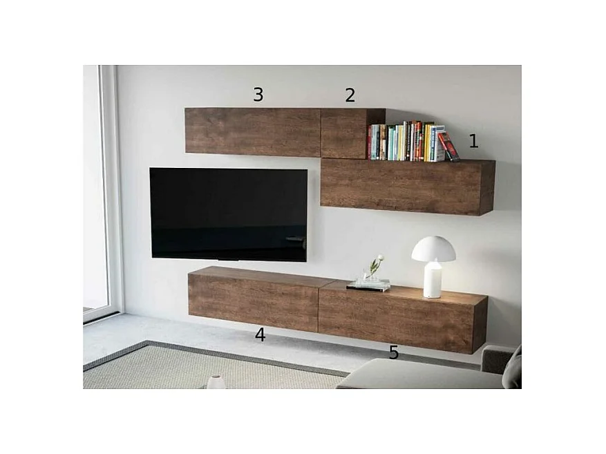 Meuble TV mural bois noyer kuza L 268cm - 5 pièces