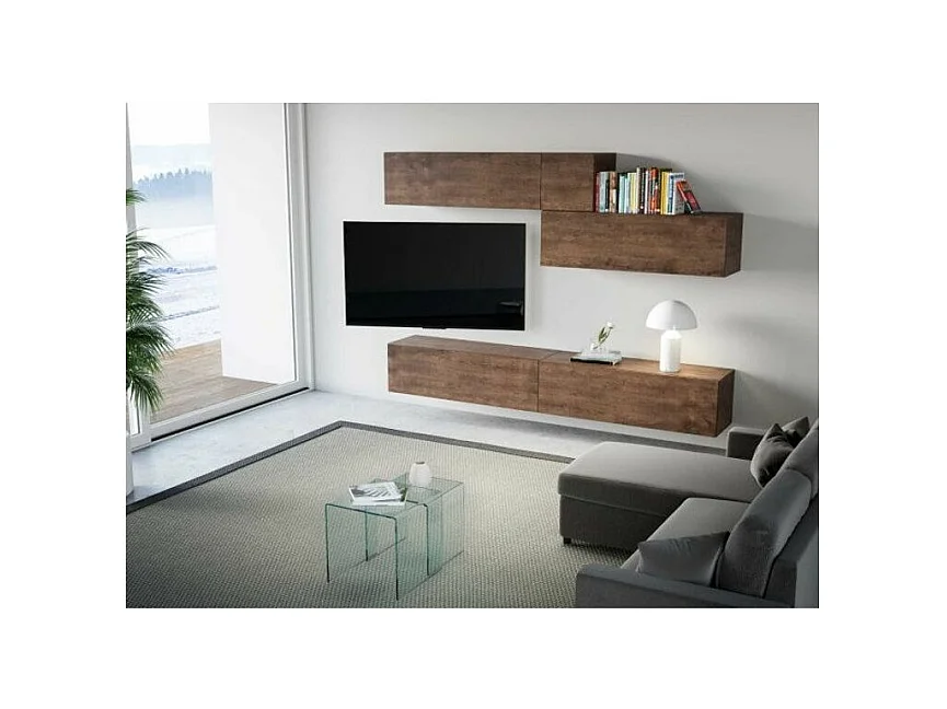 Meuble TV mural bois noyer kuza L 268cm - 5 pièces