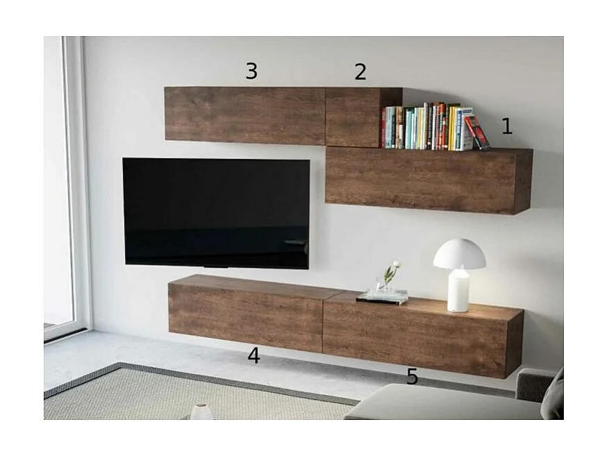 Meuble TV mural bois noyer kuza L 268cm - 5 pièces