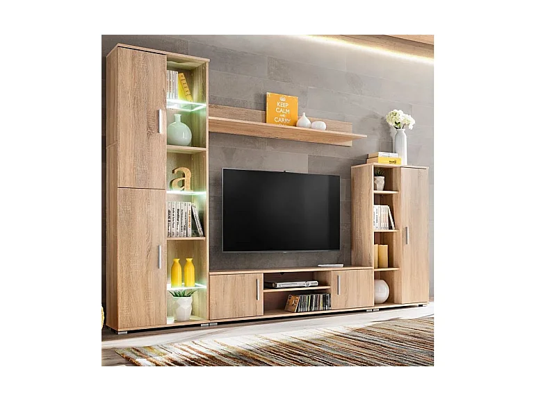 Meuble TV LED 4 pièces bois chêne clair Kynik 260cm