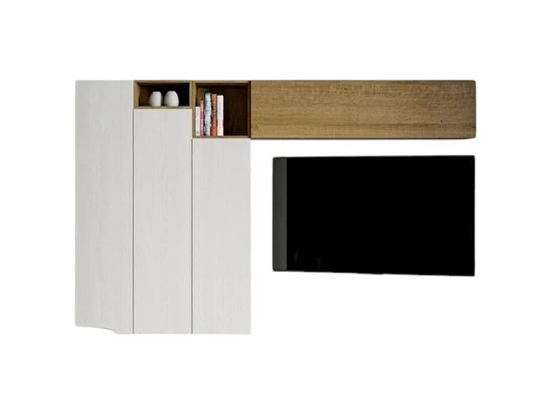 Meuble TV modulable suspendu design blanc et naturel Kina L 214cm - 6 pièces