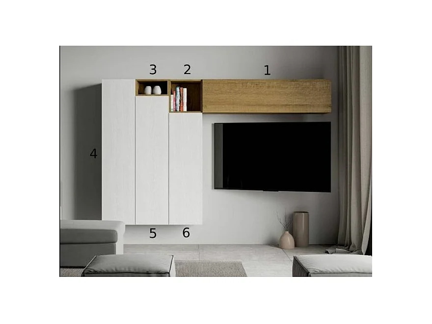 Meuble TV modulable suspendu design blanc et naturel Kina L 214cm - 6 pièces
