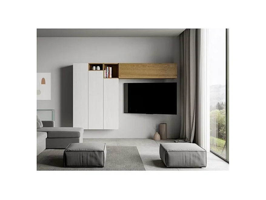 Meuble TV modulable suspendu design blanc et naturel Kina L 214cm - 6 pièces