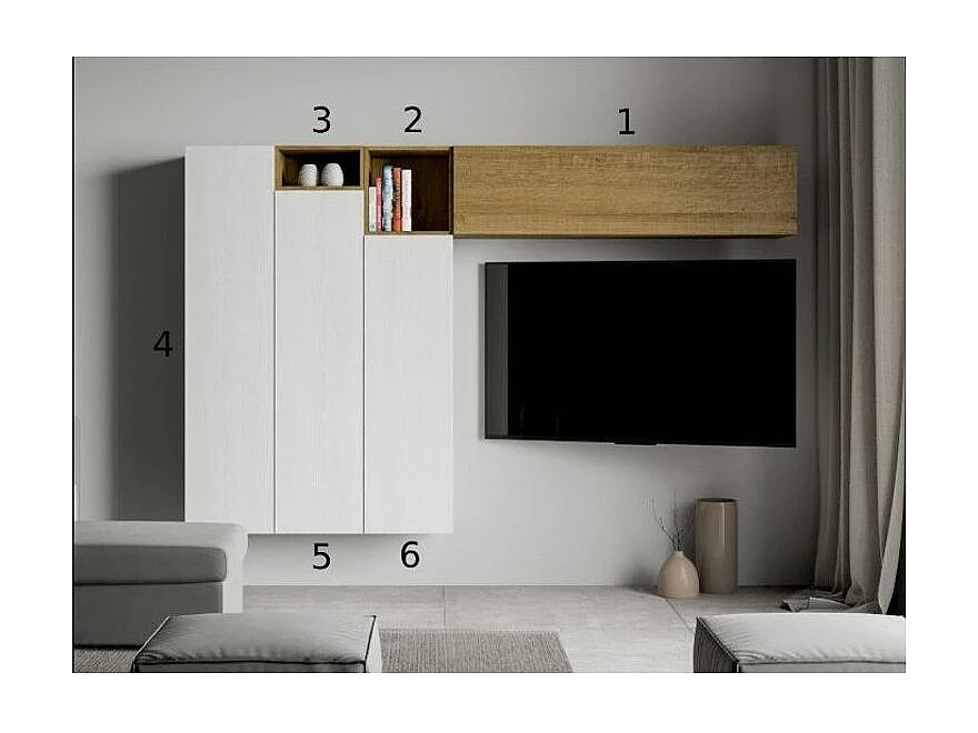 Meuble TV modulable suspendu design blanc et naturel Kina L 214cm - 6 pièces