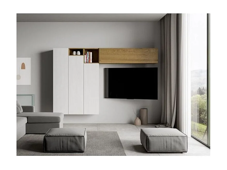 Meuble TV modulable suspendu design blanc et naturel Kina L 214cm - 6 pièces