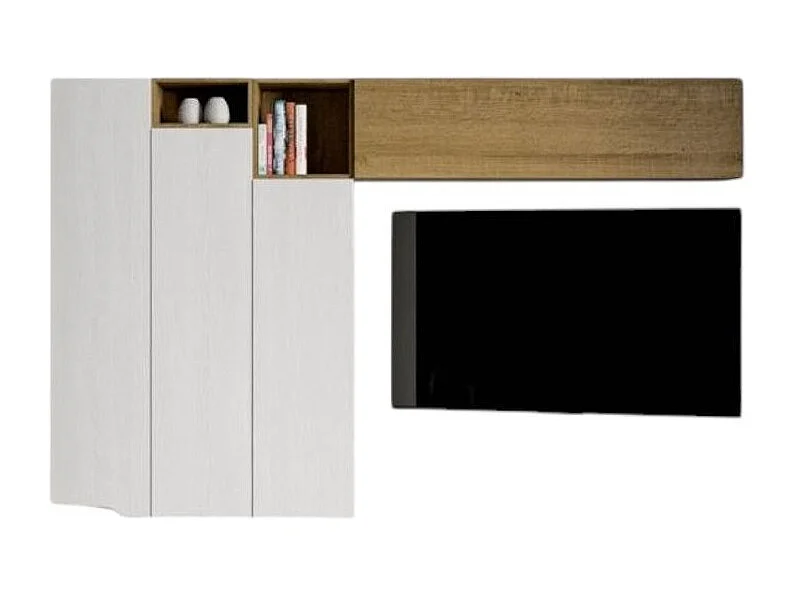 Meuble TV modulable suspendu design blanc et naturel Kina L 214cm - 6 pièces