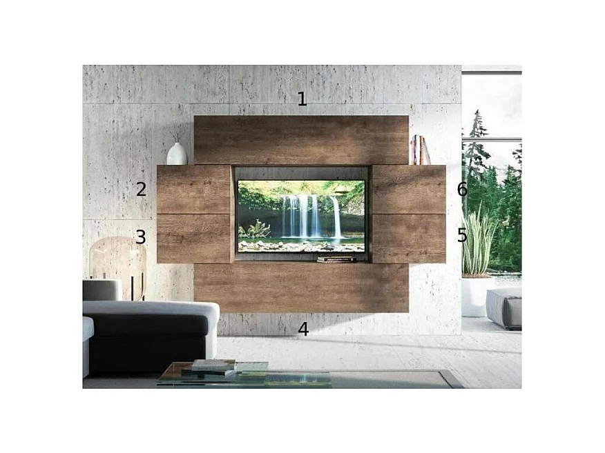 Mur TV mural design noyer Belinda L 234cm - 6 pièces