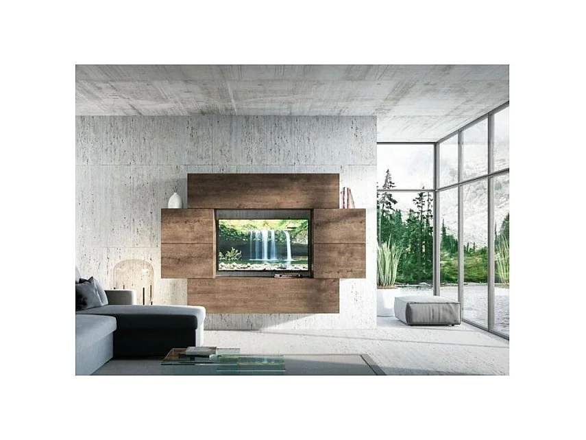 Mur TV mural design noyer Belinda L 234cm - 6 pièces