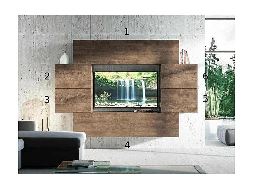 Mur TV mural design noyer Belinda L 234cm - 6 pièces