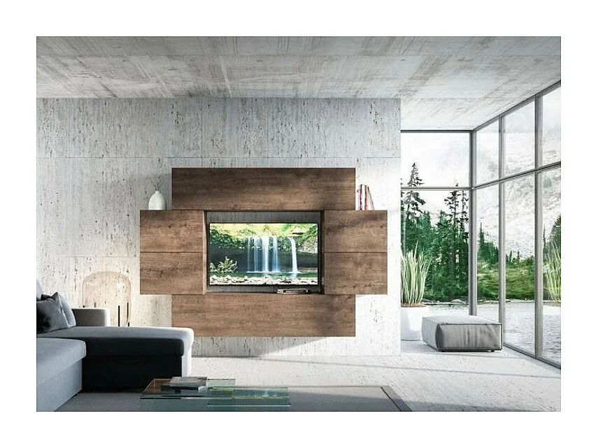 Mur TV mural design noyer Belinda L 234cm - 6 pièces