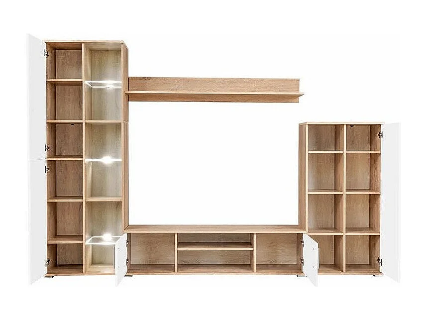 Meuble TV LED 4 pièces bois blanc et chêne clair Kynik 260cm