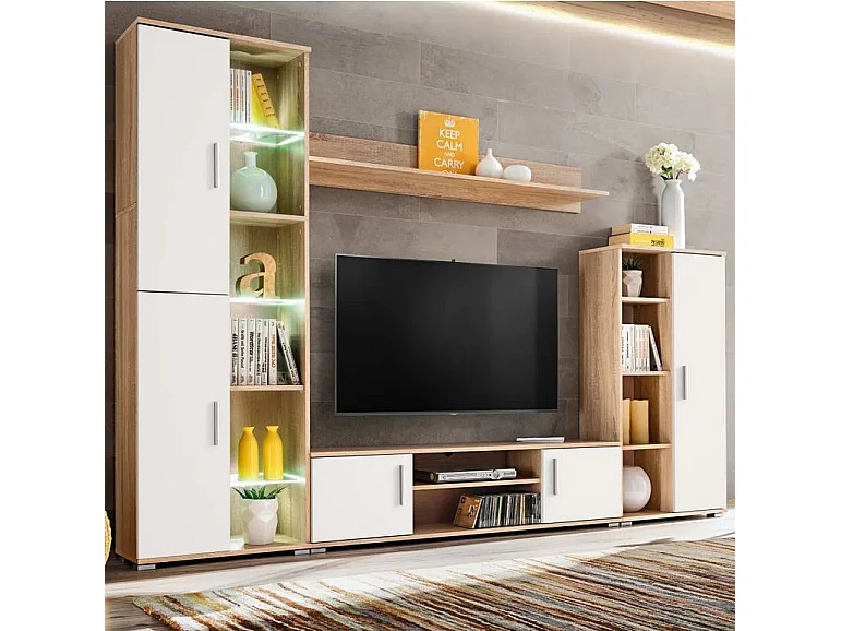 Meuble TV LED 4 pièces bois blanc et chêne clair Kynik 260cm