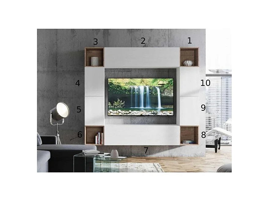 Mur TV design blanc et noyer Mila 10 pièces