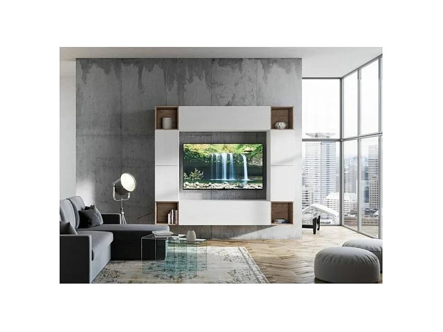 Mur TV design blanc et noyer Mila 10 pièces