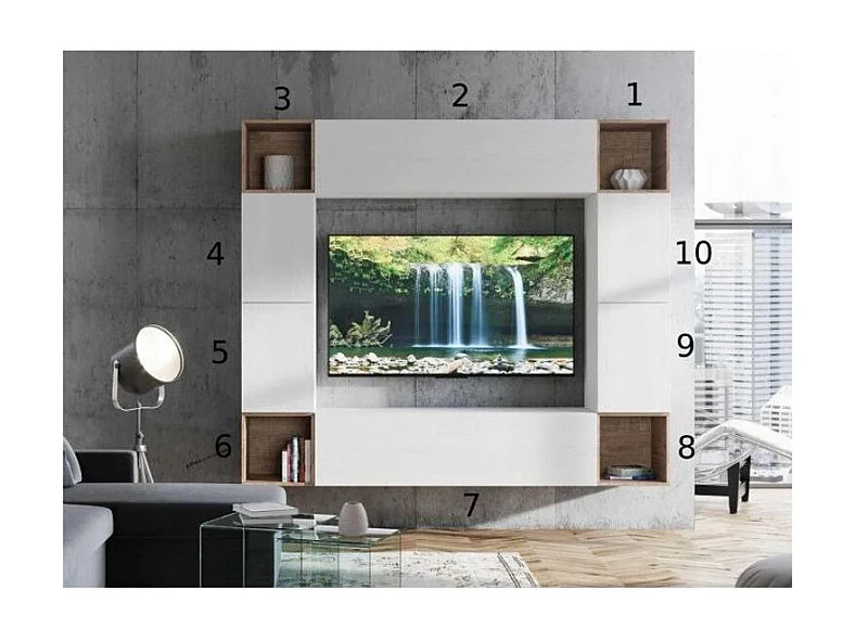 Mur TV design blanc et noyer Mila 10 pièces