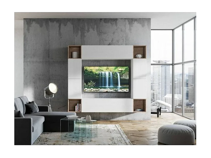 Mur TV design blanc et noyer Mila 10 pièces