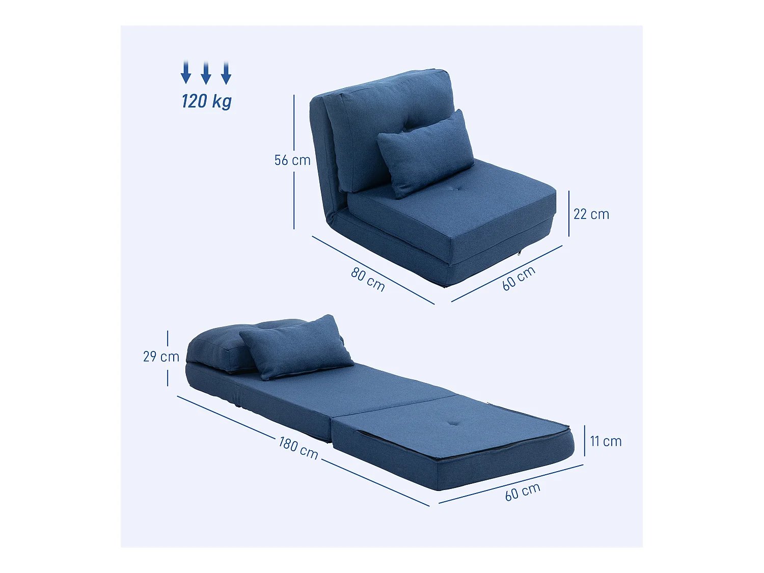 Fauteuil convertible chauffeuse inclinable - coussin inclus - tissu bleu