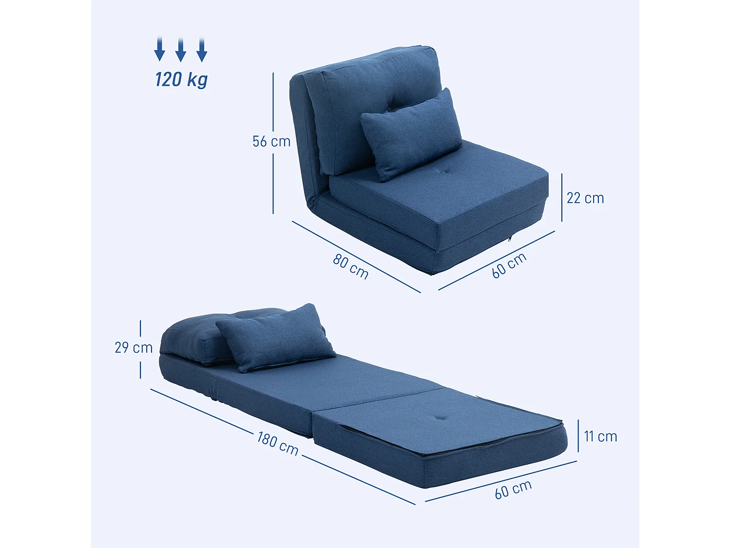 Fauteuil convertible chauffeuse inclinable - coussin inclus - tissu bleu