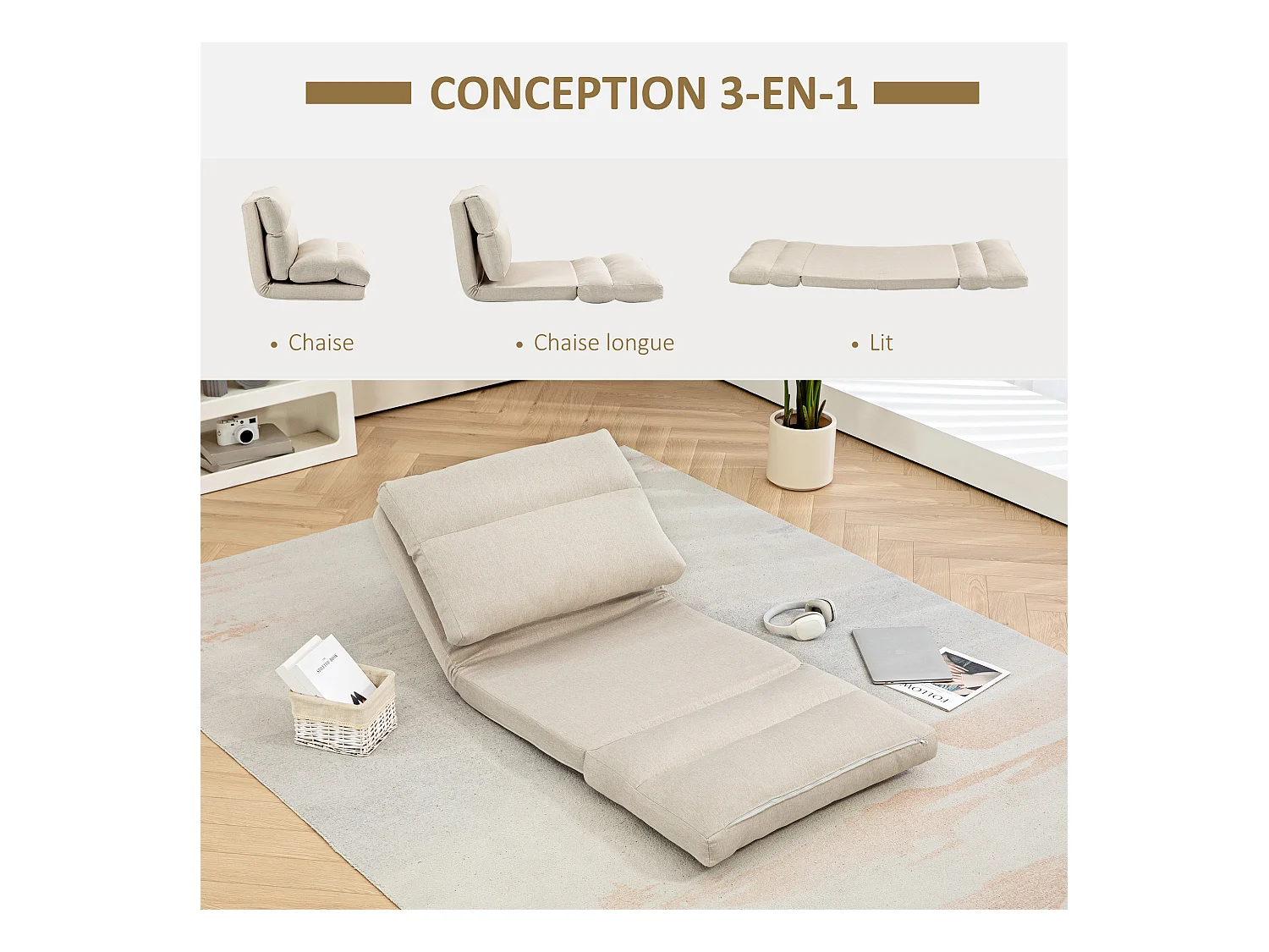 Fauteuil convertible fauteuil paresseux grand confort inclinaison dossier multipositions 90°-180° tissu beige chiné