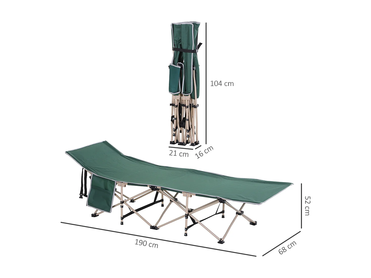 Lit de camp camping pliable 190 x 68 x 52 cm max. 150 Kg sac transport inclus acier oxford vert