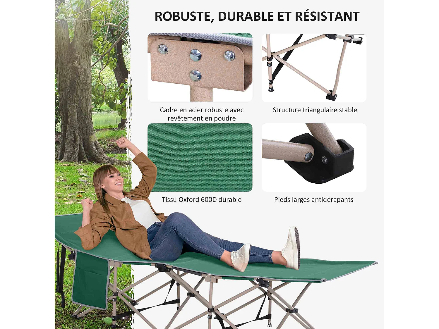 Lit de camp camping pliable 190 x 68 x 52 cm max. 150 Kg sac transport inclus acier oxford vert