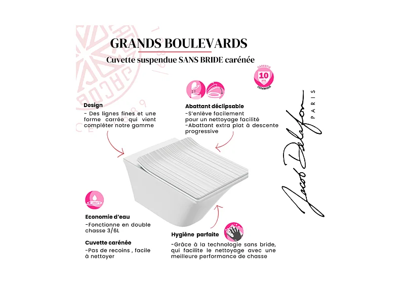 WC suspendu sans bride JACOB DELAFON Grands Boulevards caréné + abattant