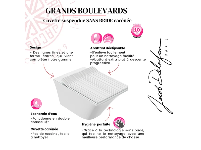 WC suspendu sans bride JACOB DELAFON Grands Boulevards caréné + abattant