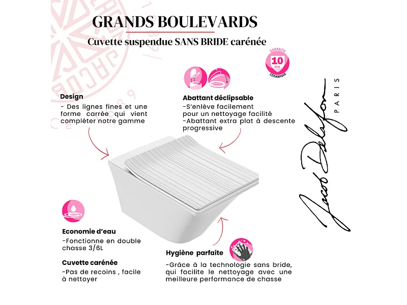 WC suspendu sans bride JACOB DELAFON Grands Boulevards caréné + abattant