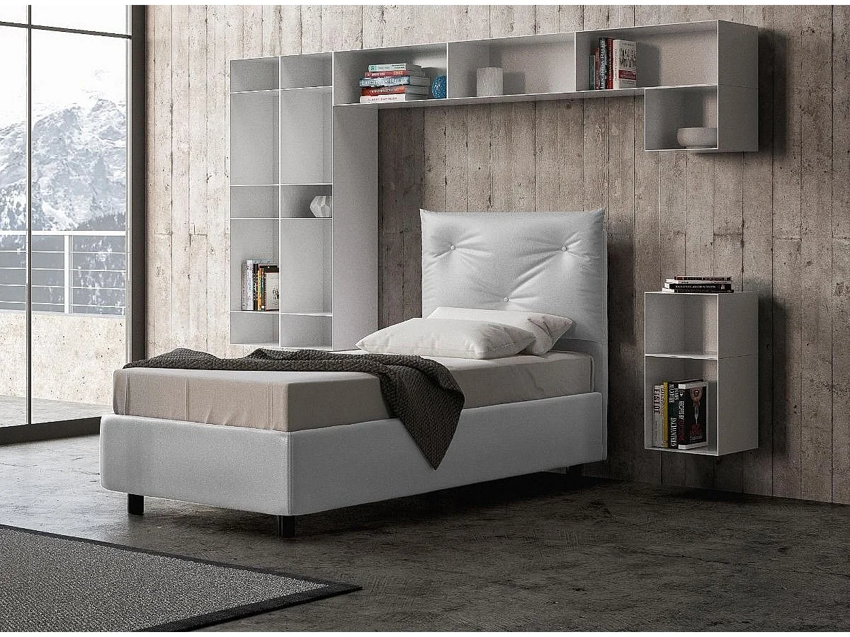 Lit simple sur mesure avec sommier simili cuir blanc Apango 80x190