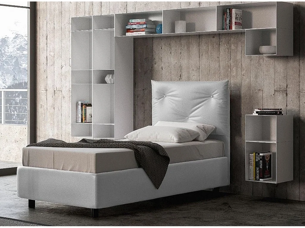 Lit simple sur mesure avec sommier simili cuir blanc Apango 120x190