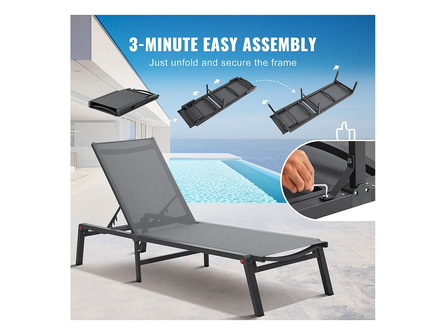 Bain de Soleil, SucceBuy Ensemble de Chaises Longues D'extérieur (2 Pièces), Gris Foncé - Réglables et Pliables