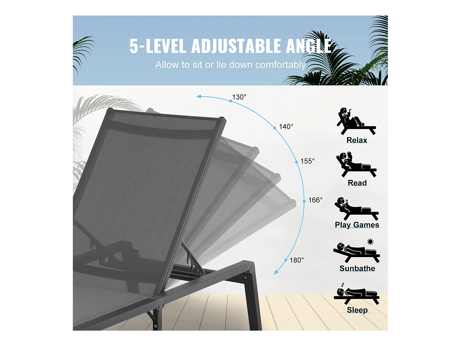 Bain de Soleil, SucceBuy Ensemble de Chaises Longues D'extérieur (2 Pièces), Gris Foncé - Réglables et Pliables