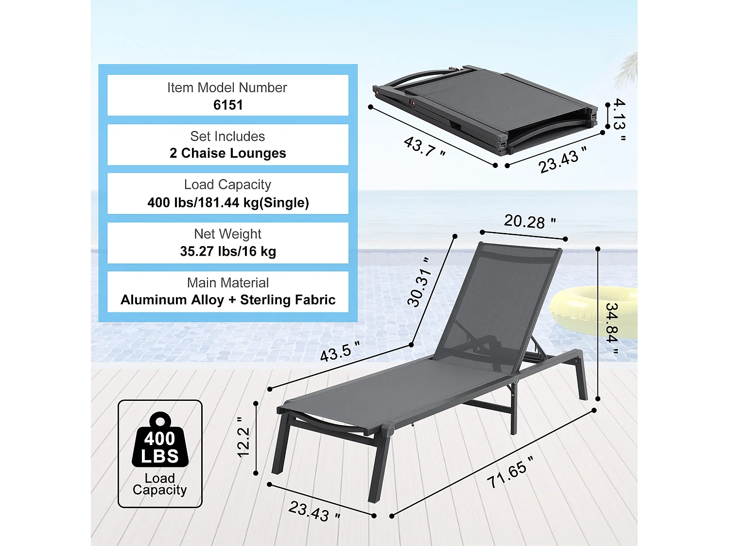 Bain de Soleil, SucceBuy Ensemble de Chaises Longues D'extérieur (2 Pièces), Gris Foncé - Réglables et Pliables