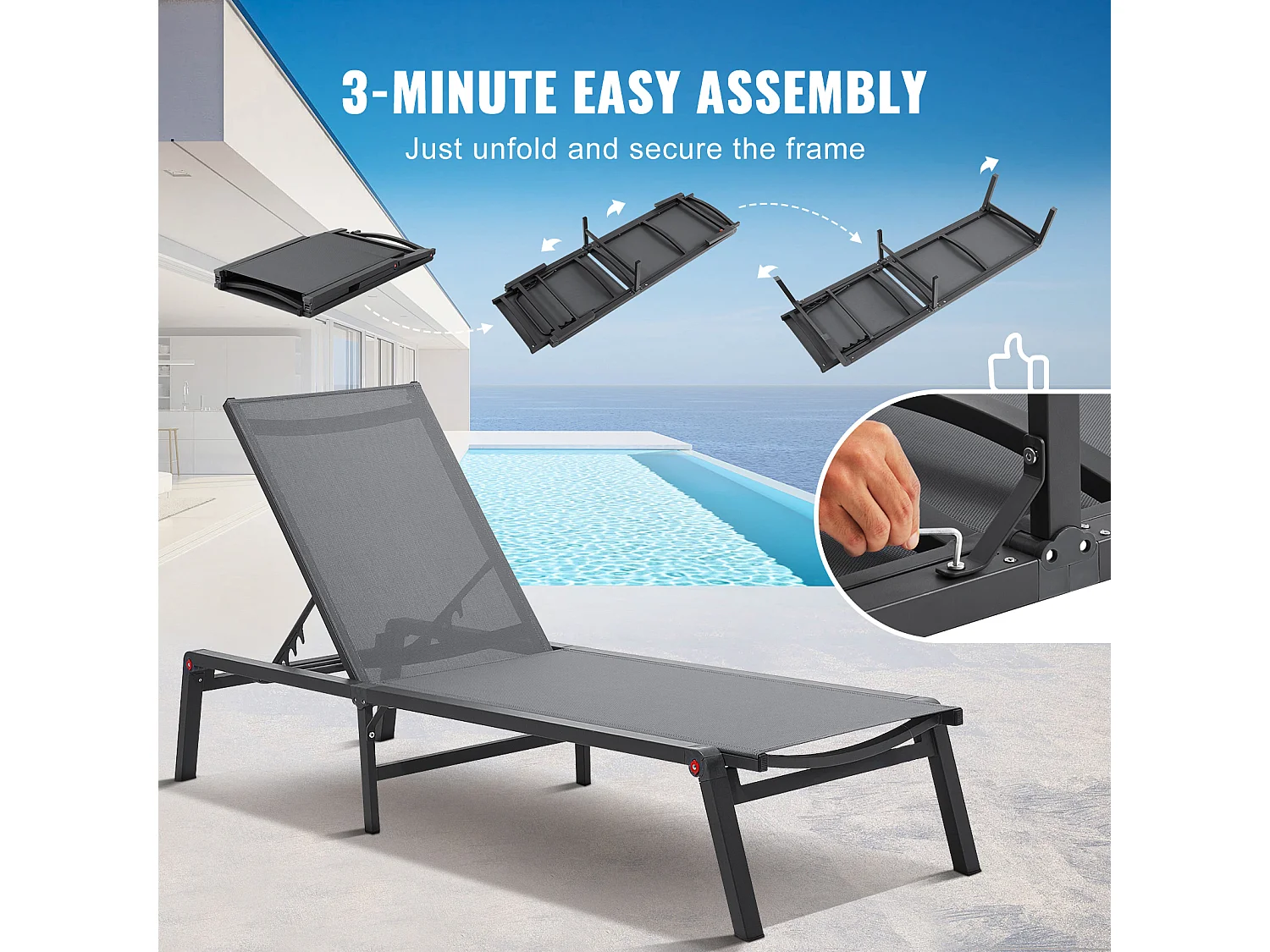 Bain de Soleil, SucceBuy Ensemble de Chaises Longues D'extérieur (2 Pièces), Gris Foncé - Réglables et Pliables