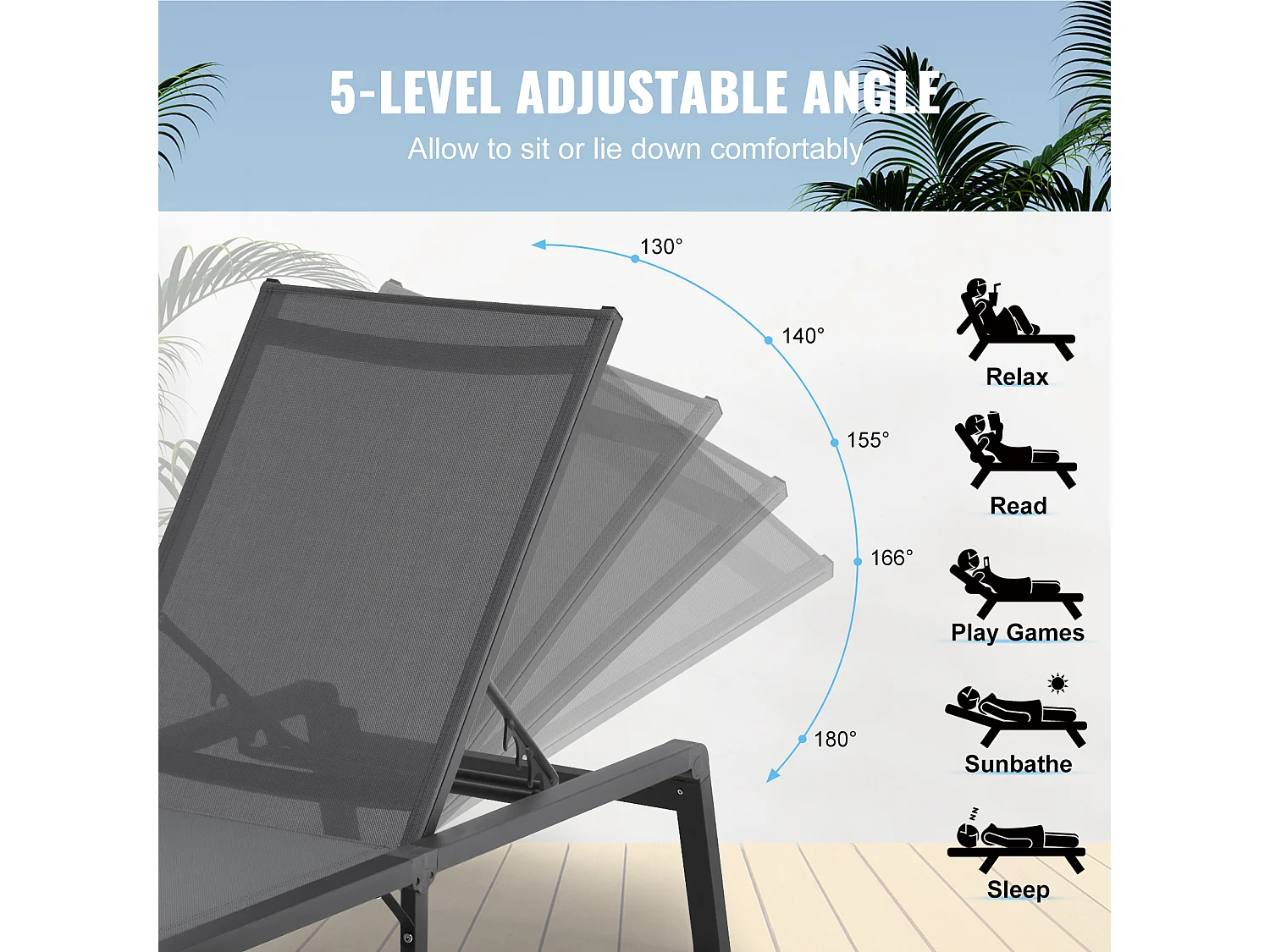 Bain de Soleil, SucceBuy Ensemble de Chaises Longues D'extérieur (2 Pièces), Gris Foncé - Réglables et Pliables