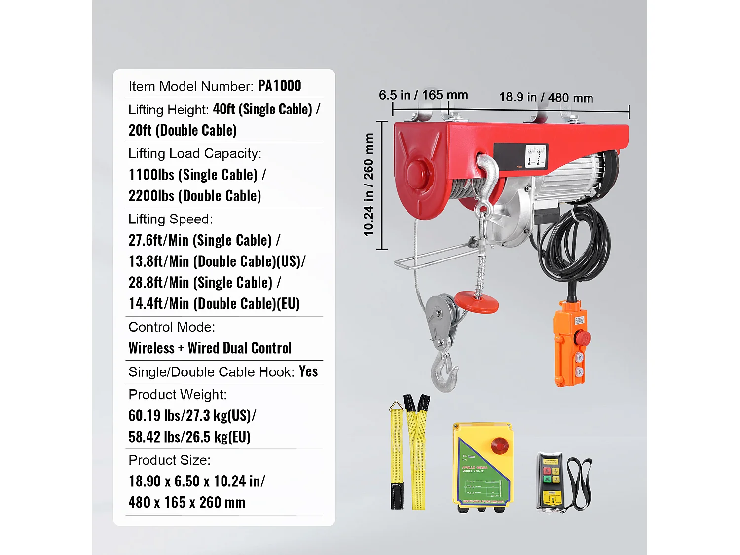 Argano Elettrico SucceBuy, Con capacità di Sollevamento di 2200 Libbre, Dotato di Telecomando Wireless da 9997cm e Telecomando Cablato da 427cm