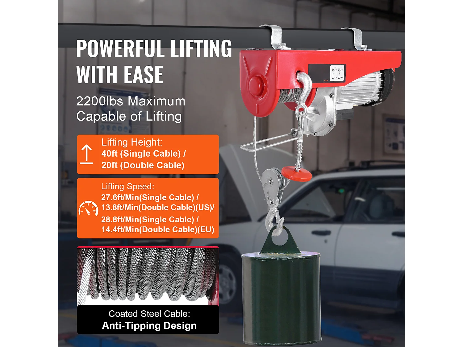 Argano Elettrico SucceBuy, Con capacità di Sollevamento di 2200 Libbre, Dotato di Telecomando Wireless da 9997cm e Telecomando Cablato da 427cm