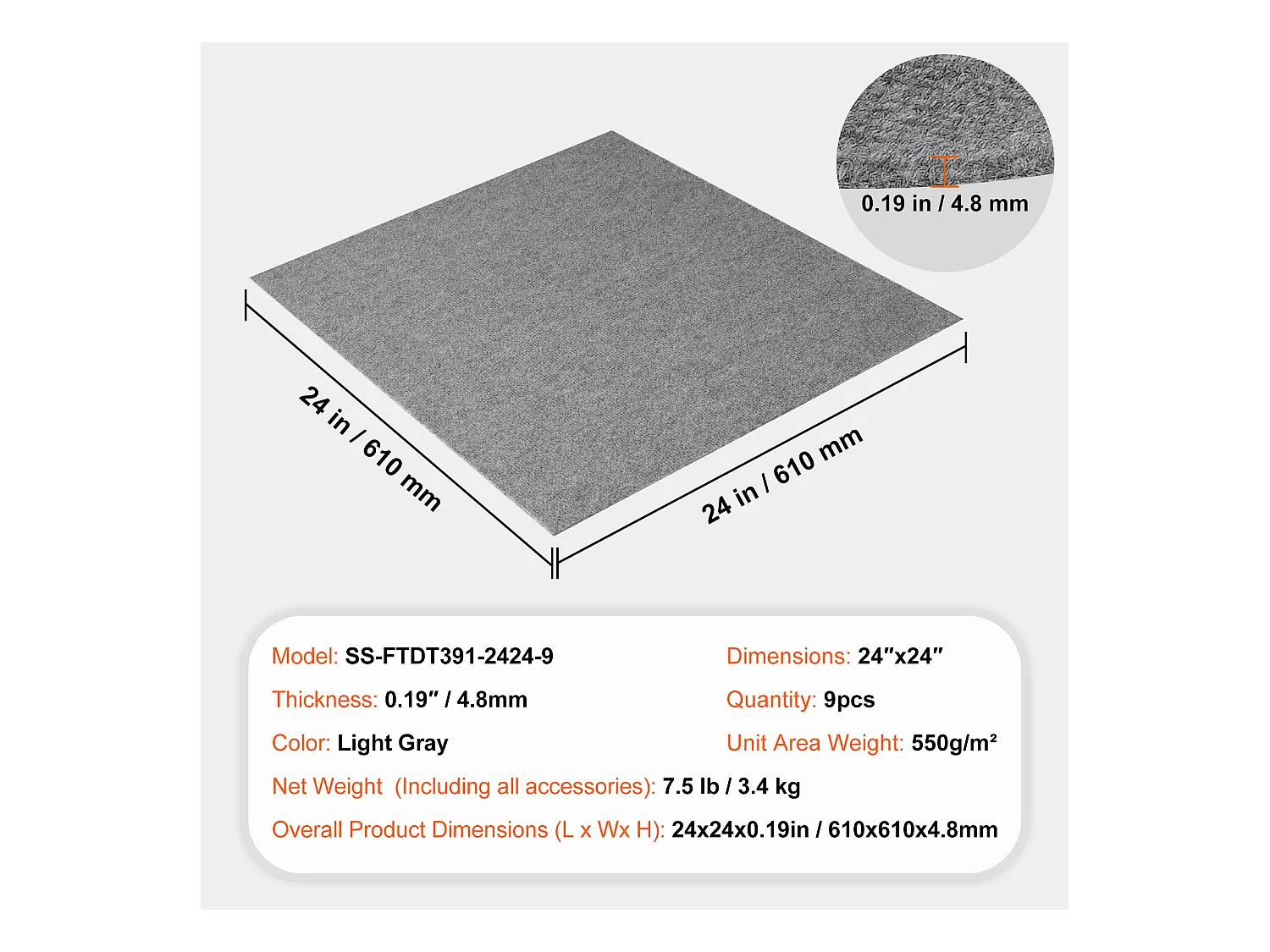 Tapis SucceBuy Dalles de Moquette Réutilisables 60.96CMx60.96CM - Gris Clair, Faciles à Installer Soi-Même pour Chambre à Coucher