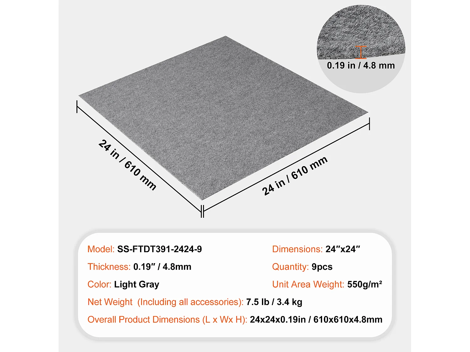 Tapis SucceBuy Dalles de Moquette Réutilisables 60.96CMx60.96CM - Gris Clair, Faciles à Installer Soi-Même pour Chambre à Coucher