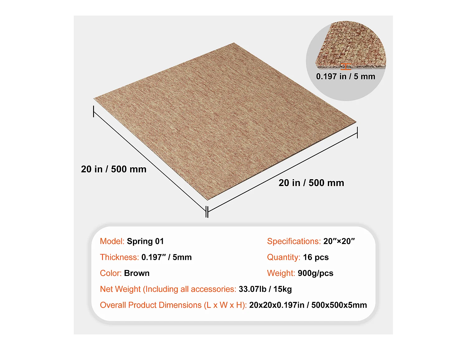 Tapis SucceBuy Dalles de Moquette Réutilisables 50.8 x 50.8 cm, Rembourrées, Souples, avec Rembourrage, Marron Foncé