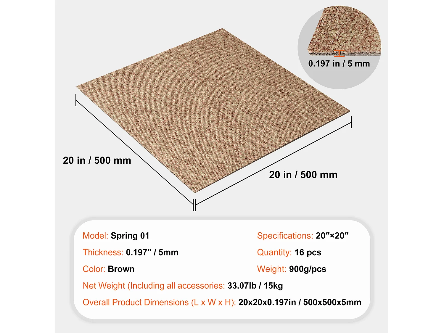 Tapis SucceBuy Dalles de Moquette Réutilisables 50.8 x 50.8 cm, Rembourrées, Souples, avec Rembourrage, Marron Foncé