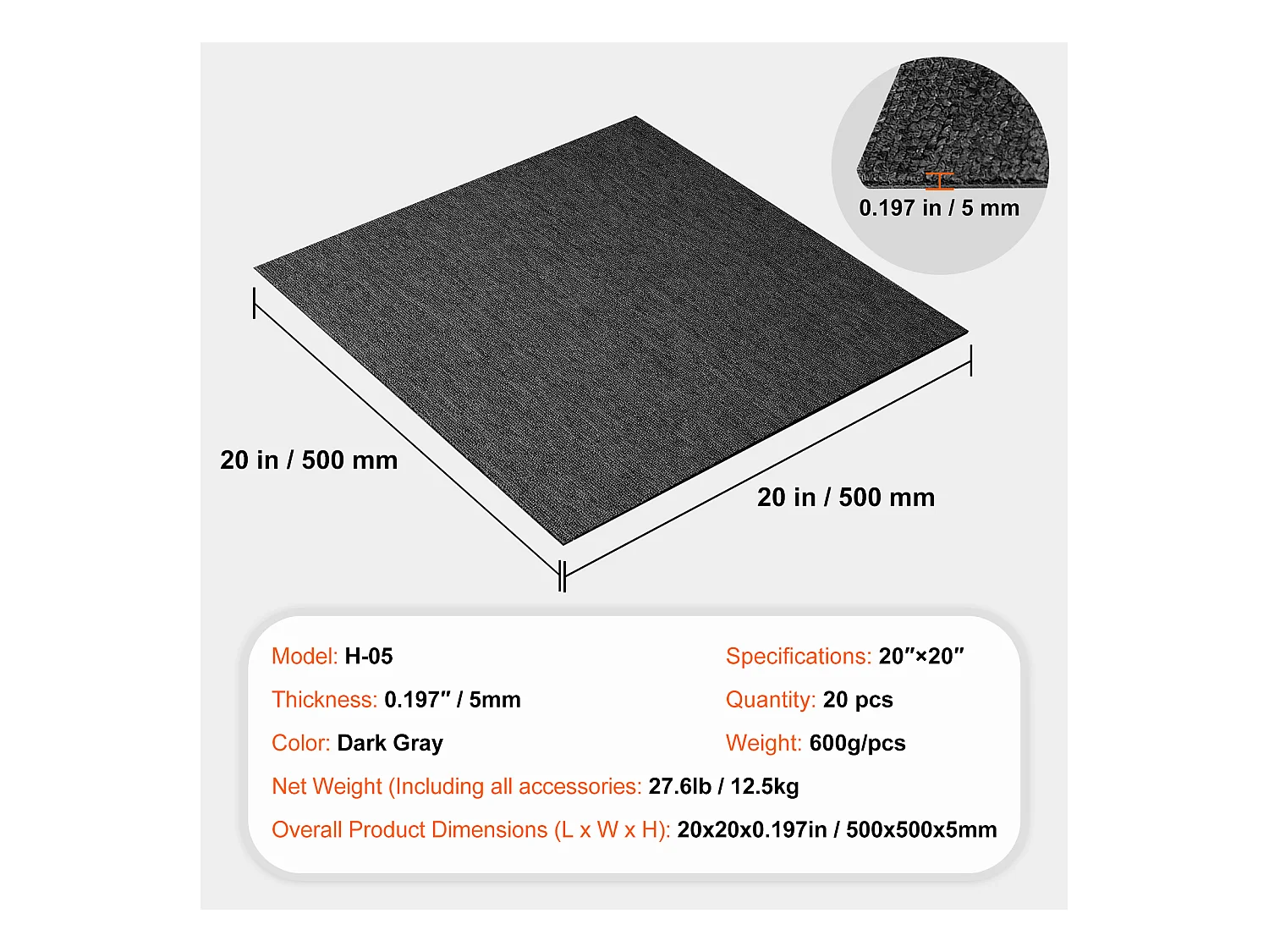 Tapis SucceBuy Dalles de Moquette Réutilisables 20 Pièces 50.8CMx50.8CM Carrés avec Rembourrage Attaché DIY - Gris Foncé