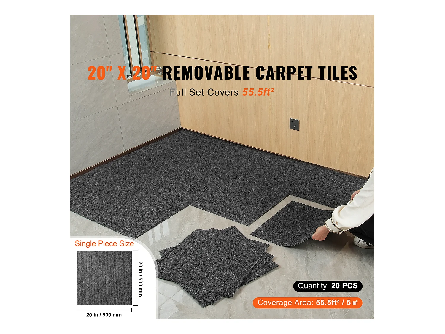Tapis SucceBuy Dalles de Moquette Réutilisables 20 Pièces 50.8CMx50.8CM Carrés avec Rembourrage Attaché DIY - Gris Foncé