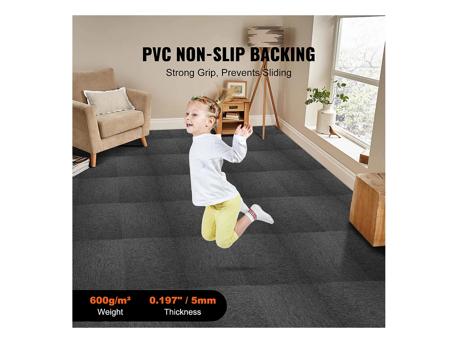 Tapis SucceBuy Dalles de Moquette Réutilisables 20 Pièces 50.8CMx50.8CM Carrés avec Rembourrage Attaché DIY - Gris Foncé