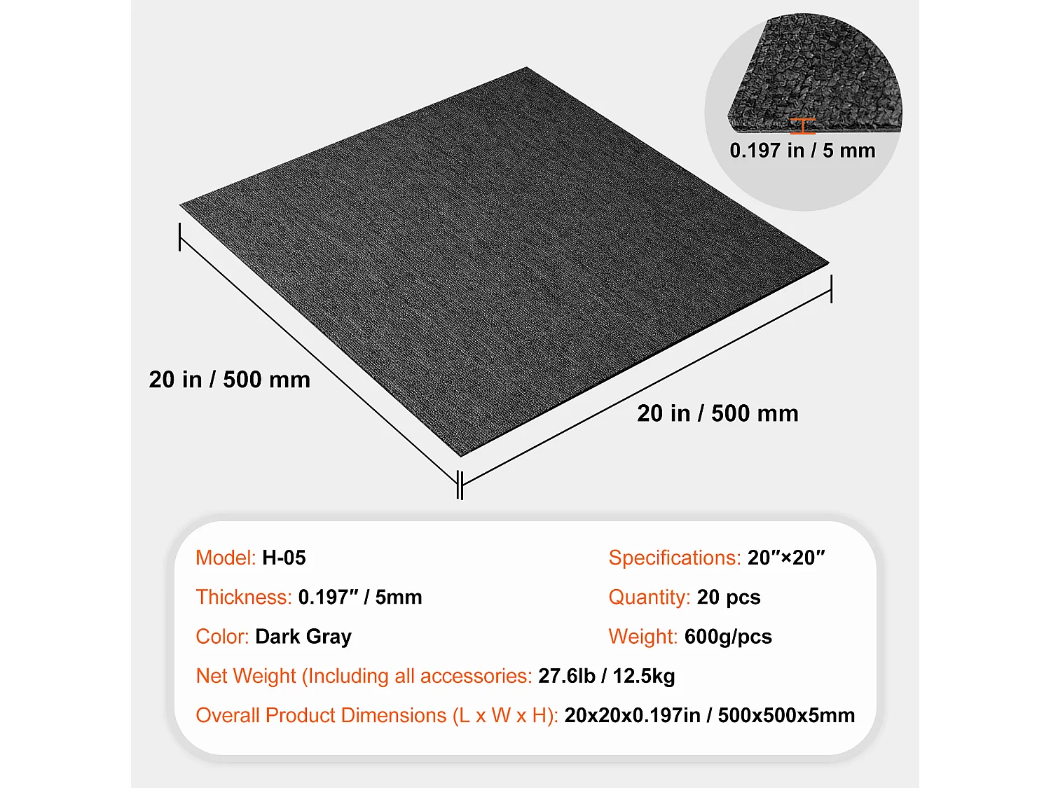 Tapis SucceBuy Dalles de Moquette Réutilisables 20 Pièces 50.8CMx50.8CM Carrés avec Rembourrage Attaché DIY - Gris Foncé