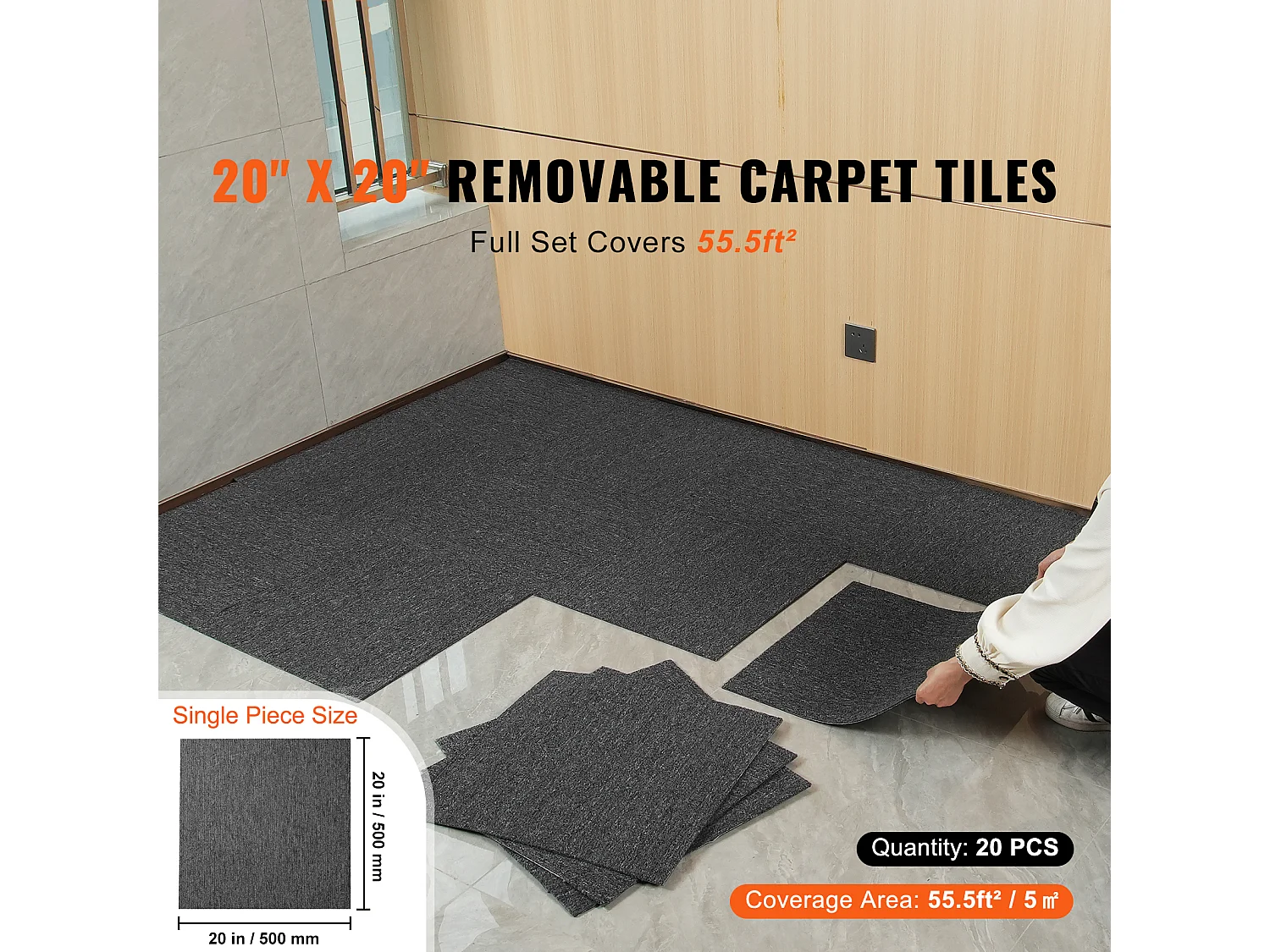 Tapis SucceBuy Dalles de Moquette Réutilisables 20 Pièces 50.8CMx50.8CM Carrés avec Rembourrage Attaché DIY - Gris Foncé