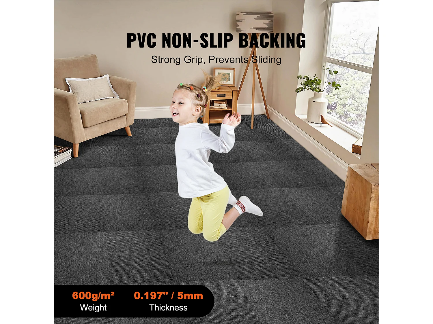 Tapis SucceBuy Dalles de Moquette Réutilisables 20 Pièces 50.8CMx50.8CM Carrés avec Rembourrage Attaché DIY - Gris Foncé