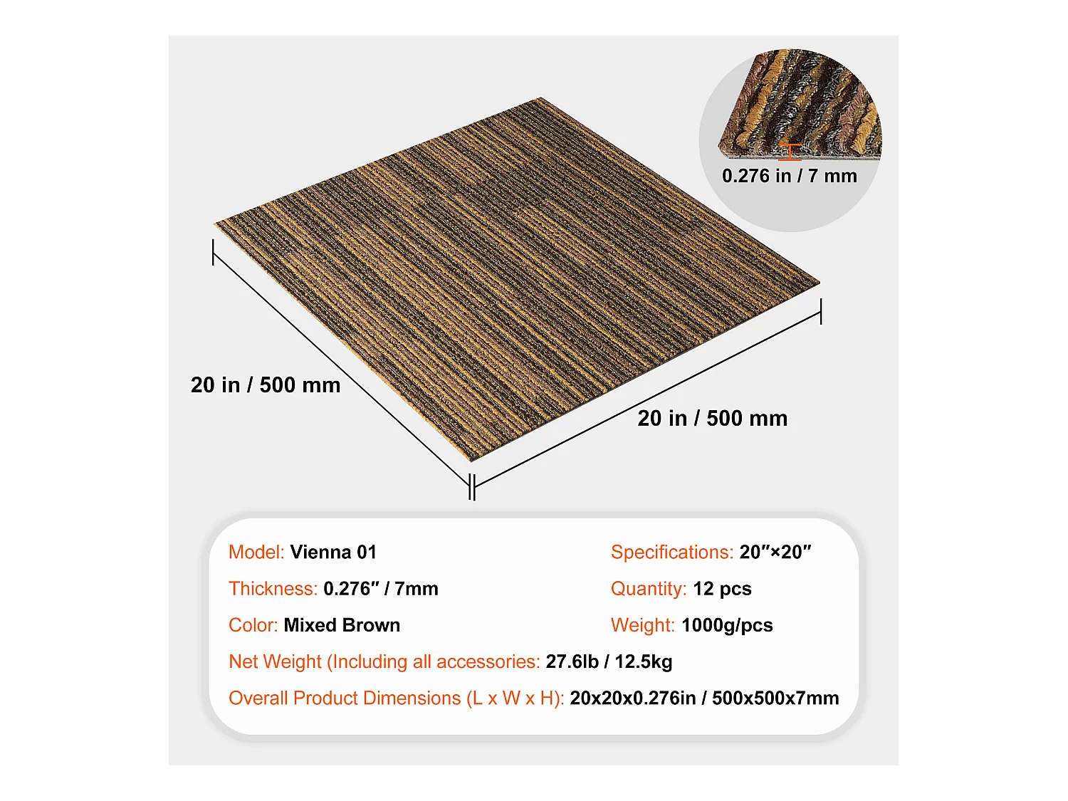 Tapis SucceBuy Dalles de Moquette Réutilisables 12 pièces 50.8CMx50.8CM Carrés avec Rembourrage Attaché DIY - Marron Mélangé